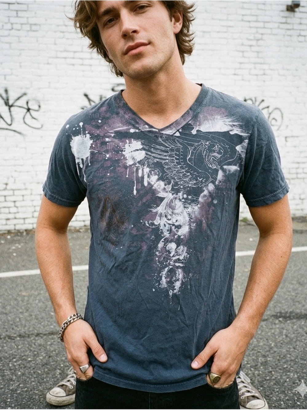 Y2K DECODED Affliction Style Winged Lion Graphic V-Neck Shirt Cyber Grunge Sz S